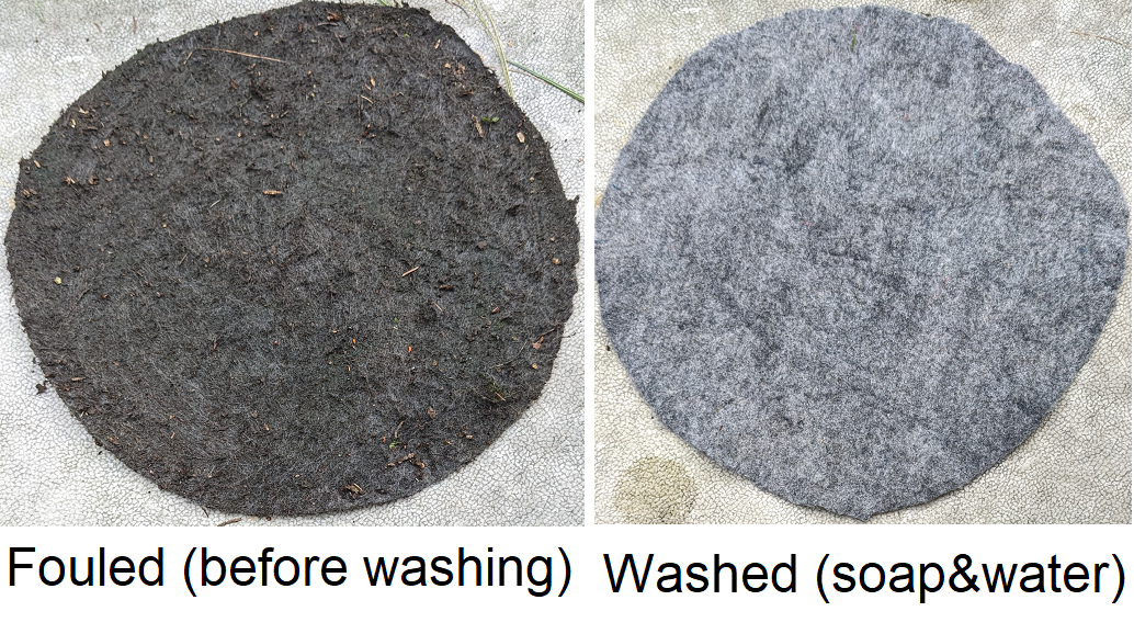 Picture of filter fabric circle before and after washing
